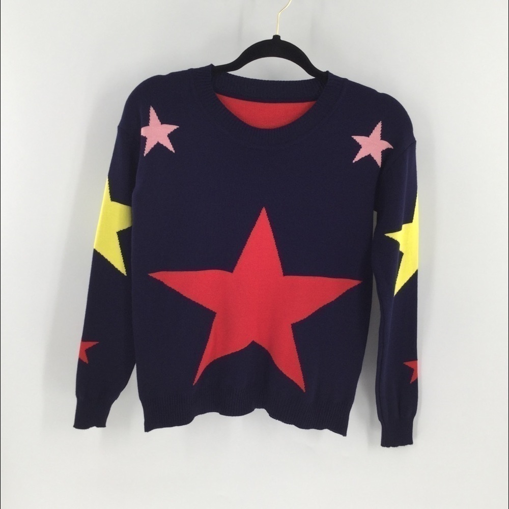 Super cute blue star‎ double knit crew neck Sweater